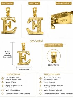 10KT Gold "E" Initial Pendant Necklace - Gold Letter Charm